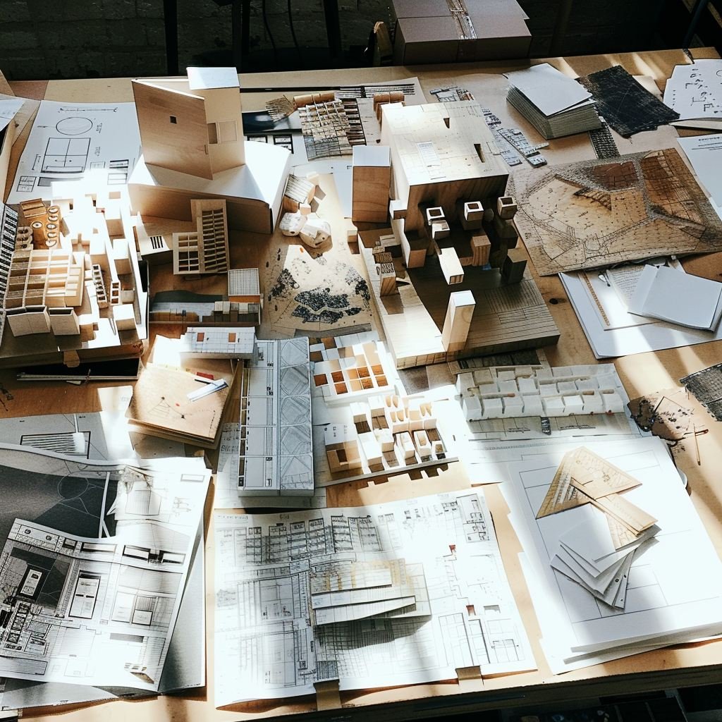 Engineering office with drawings and models